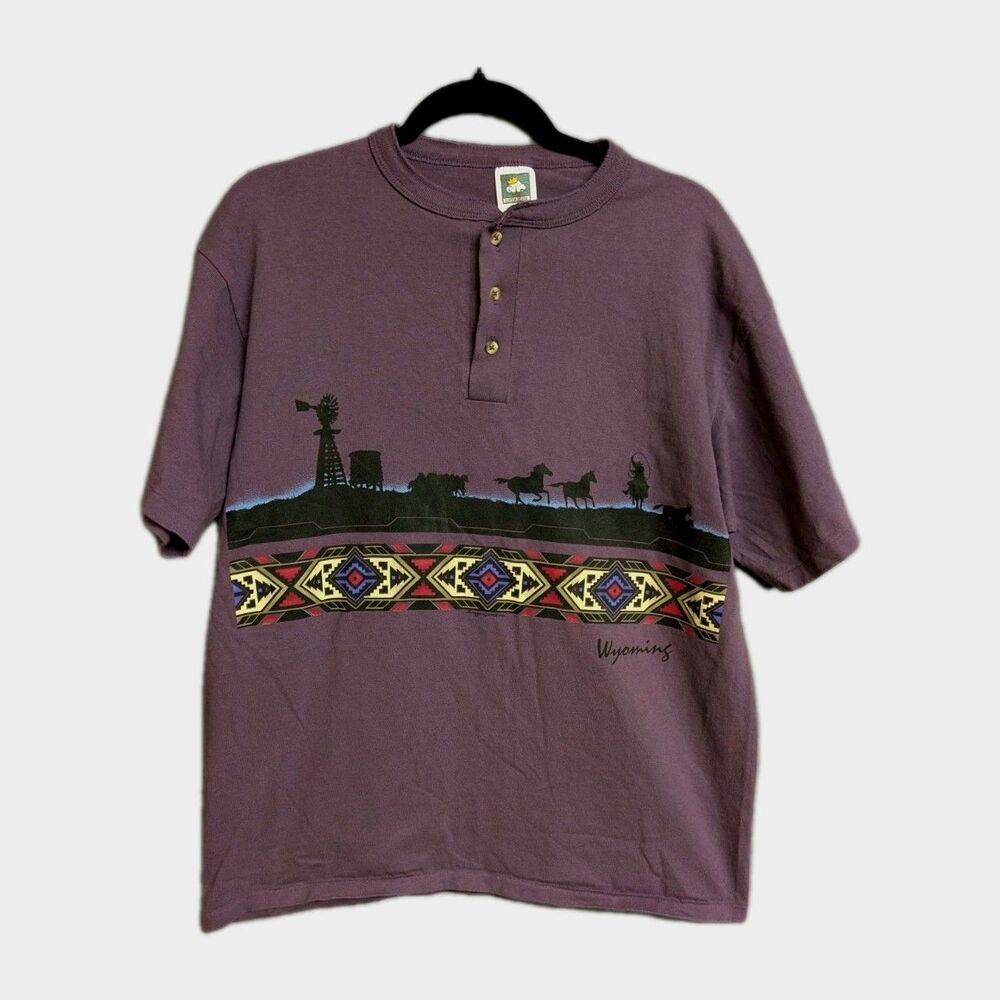 Vintage Cotton Deluxe Henley Shirt Mens L Purple Single Stitch Made in USA Anvil
